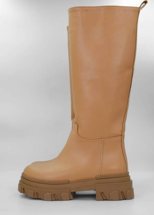 Kahverengi Diz Altı Kalın Tabanlı Çizme