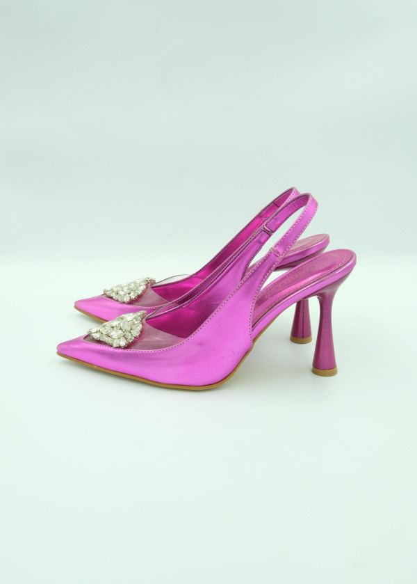 Fuşya Kalpli Taş Detaylı Stiletto