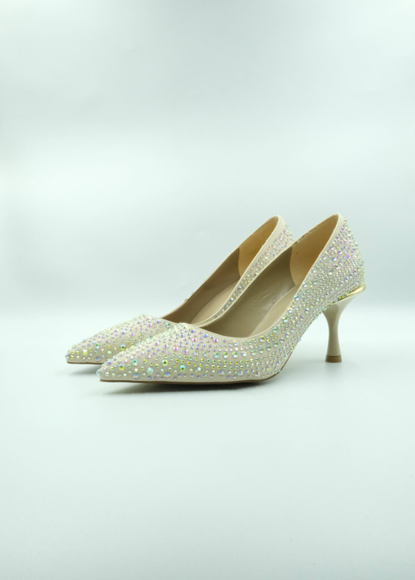 Bej Saten Taşlı Stiletto