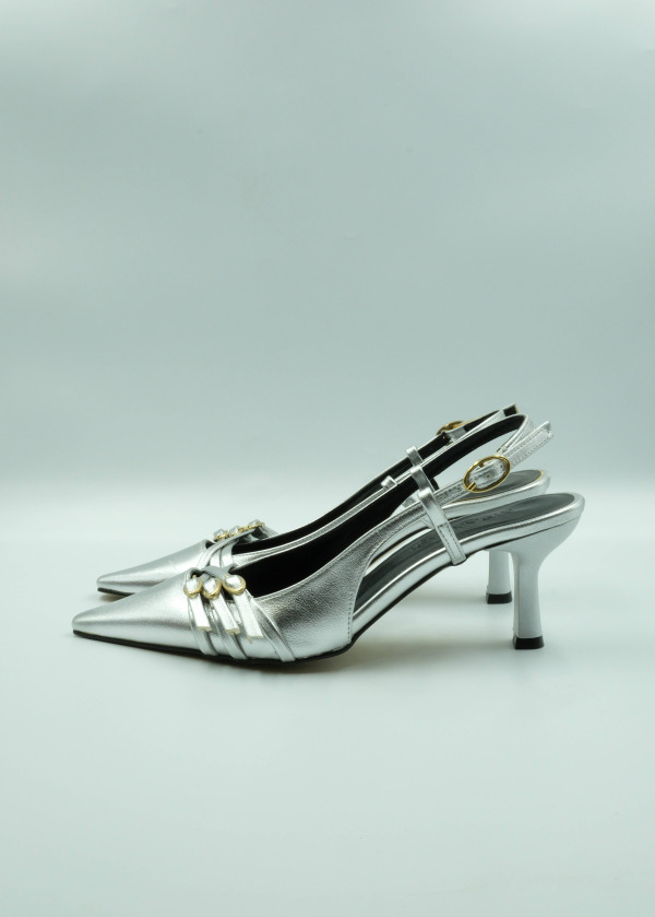 Metalik Gümüş Üç Bant Detaylı Stiletto 